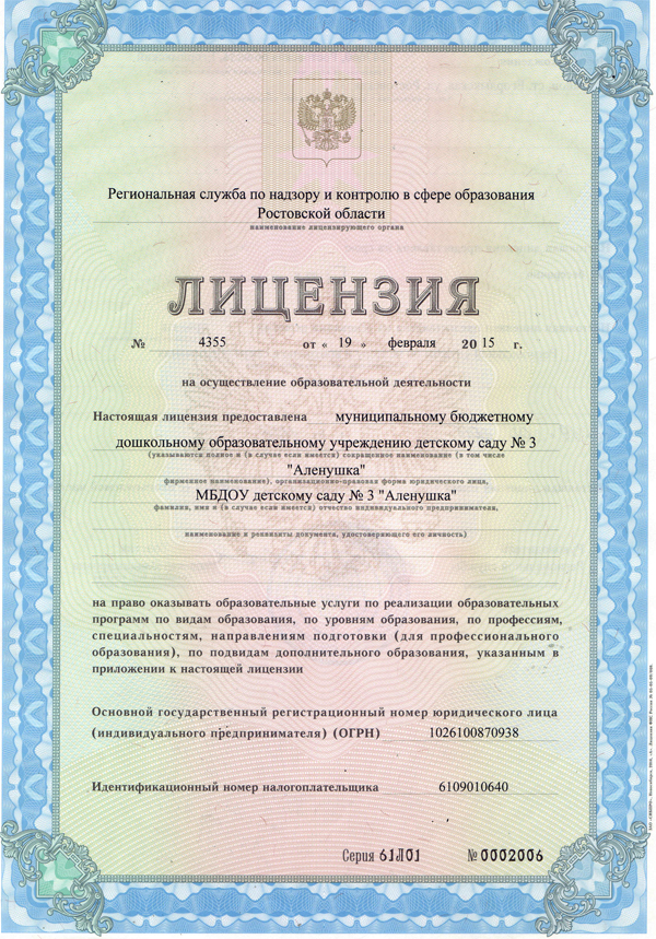 Сканированная копия лицензии на осуществление образовательной деятельности (лицевая сторона)